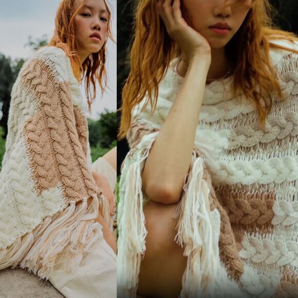 NEW Free People Revelry Cable Fringe Poncho Sweater Top Neutral OS Rare Bohemian - Picture 11 of 15